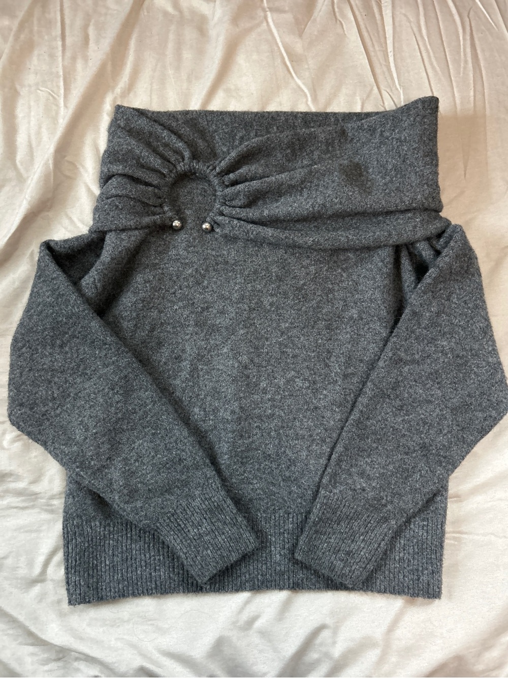 Cozy Off-Shoulder Funnel Neck Sweater - Gray
